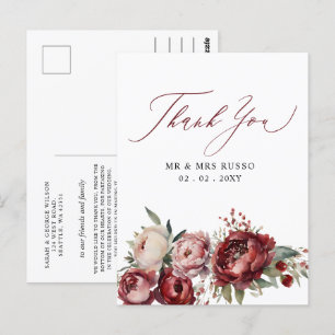 Carte Postale Script élégant Burgundy Blush Floral Merci