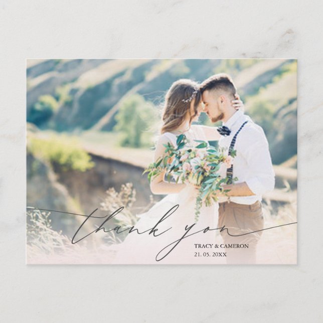 Carte Postale Script élégant Mariage photo personnalisé Merci (Devant)
