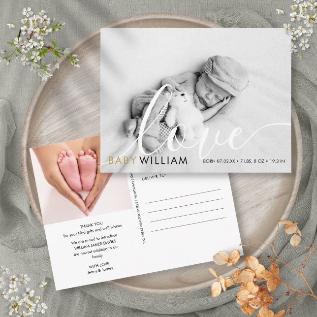 Carte Postale Script Love Modern Gold Photo Baby Birth Merci (Script Love Modern Gold Photo Baby Birth Thank You Postcard)