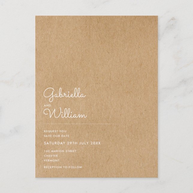 Carte Postale Script minimal Rustic Kraft Enregistrer la date (Devant)