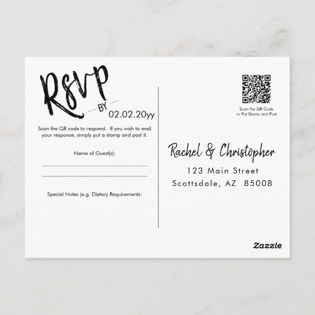 Carte Postale Script minimaliste QR Code Mariage, événement RSVP (Dos)