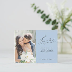 Carte Postale Script moderne Photo Mariage bleu Merci