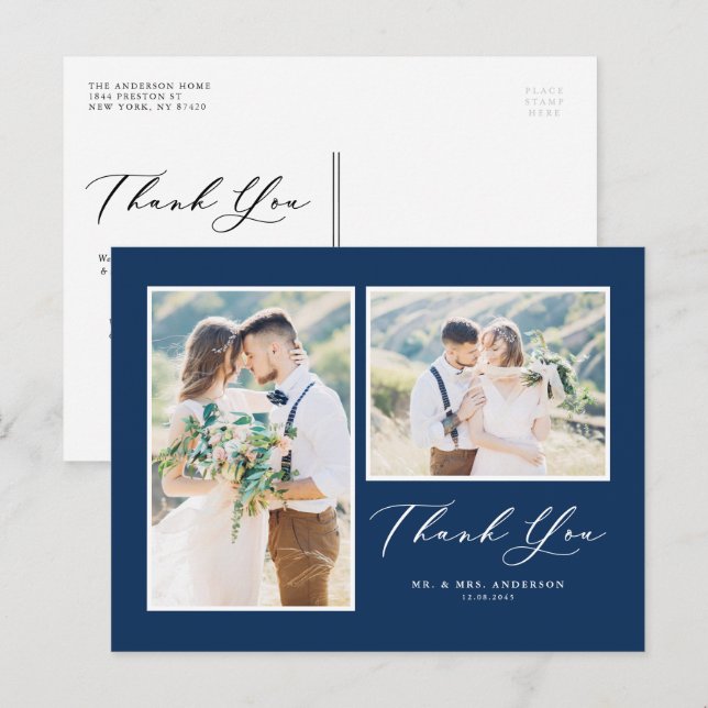 Carte Postale Script Navy Blue Deux Mariage photo Merci (Devant / Derrière)