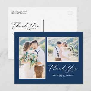 Carte Postale Script Navy Blue Deux Mariage photo Merci