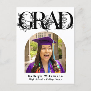 Carte Postale Script noir moderne Faire-part de graduation flora