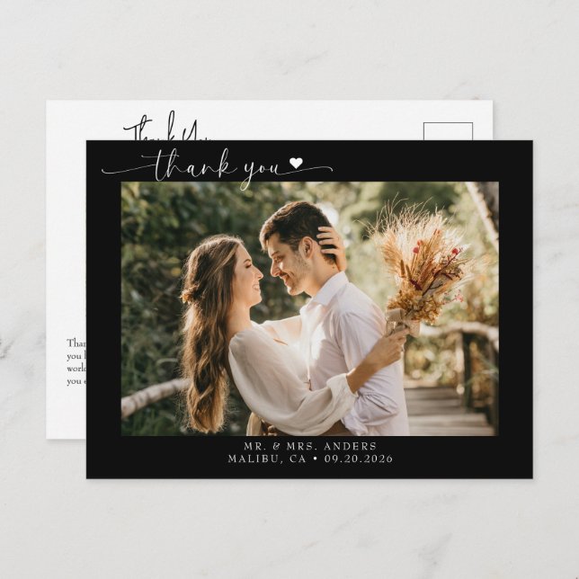 Carte Postale Script Photo de mariage moderne Merci (Devant / Derrière)