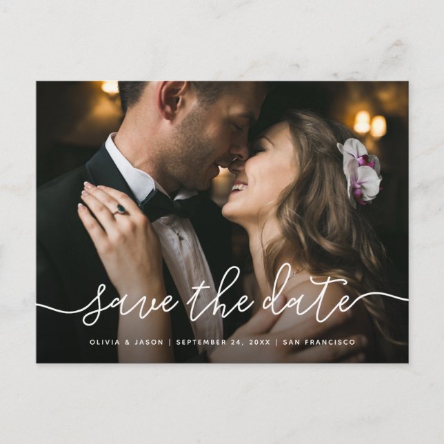 Carte Postale Script simple | Mariage photo Enregistrer la date (Devant)