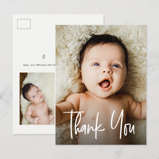 Carte Postale Script tendance photos personnalisées Baby Merci (Devant / Derrière)