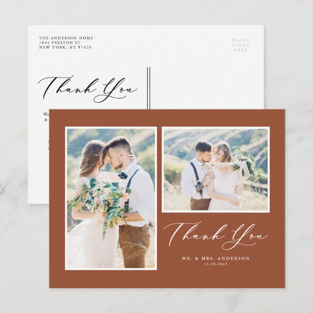 Carte Postale Script Terre Cuite Deux Photo Mariage Merci (Devant / Derrière)