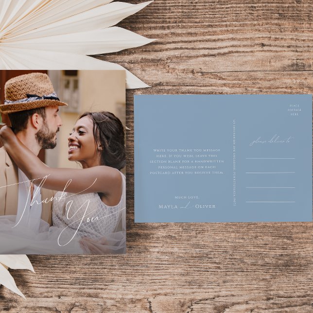 Carte Postale Script Whimsical | Merci Mariage photo bleu (Créateur téléchargé)