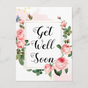 Carte Postale se remettre bientôt, roses d'aquarelle arrière - p