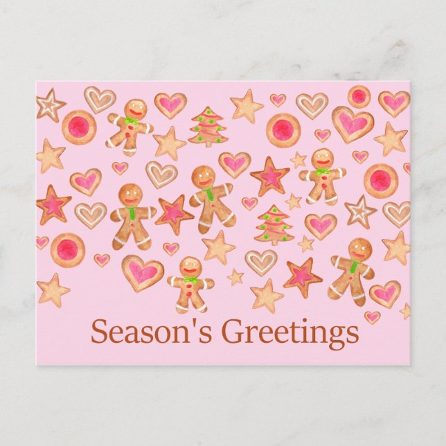 Carte Postale Season's Greetings watercolor gingerbread cookies (Devant)