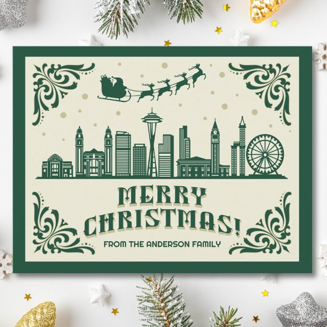 Carte postale Seattle Skyline Green Christmas (Seattle, WA skyline christmas card green modern merry christmas postcard with custom details)