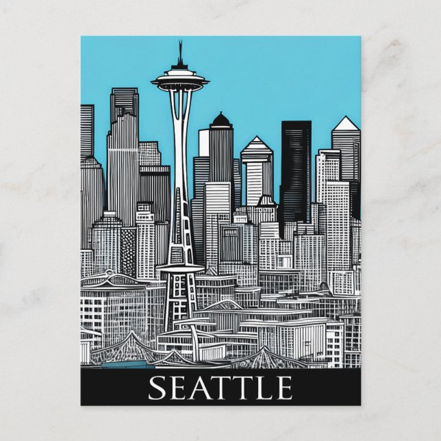 Carte Postale Seattle Washington Cityscape en noir et blanc (Devant)