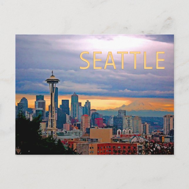 Carte Postale Seattle Washington Skyline à Sunset TEXT SEATTLE (Devant)