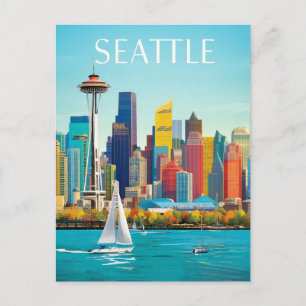 Carte Postale Seattle Waterfront & Space Needle Retro Art
