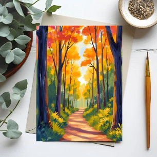 Carte Postale Sentier forestier d'automne   Aquarelle de feuilla