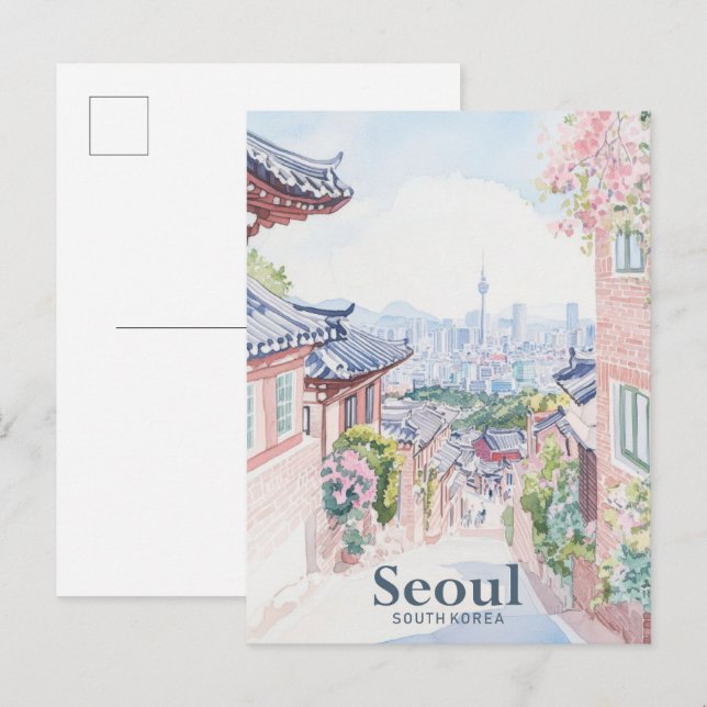 Carte Postale Séoul Corée du Sud Gouache Illustration Voyage (Devant / Derrière)