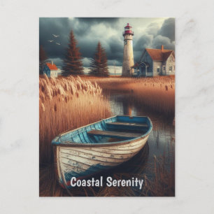Carte Postale Sérénité côtière : Phare et bateau à moteur