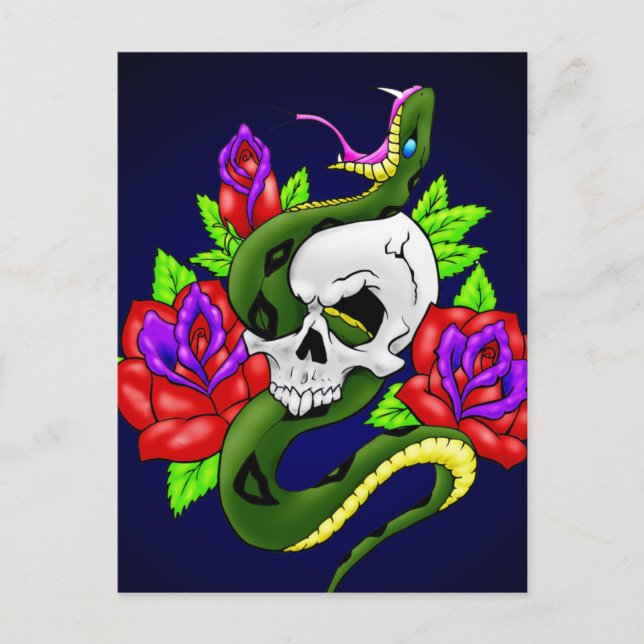 Carte Postale Serpent, crâne et Roses (Devant)