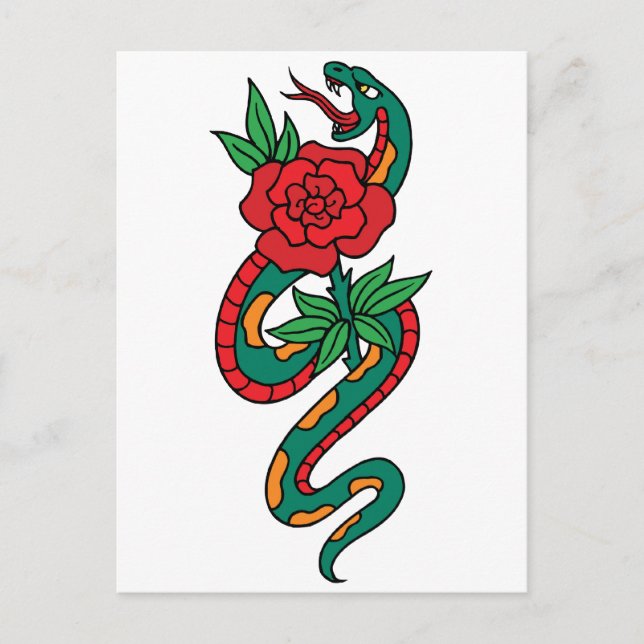 Carte Postale Serpent enveloppé autour d'un tatouage rose rouge (Devant)