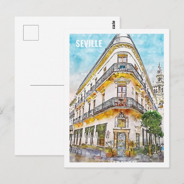 Carte Postale Séville Espagne Fameux Voyage Aquarelle Sketch (Devant / Derrière)