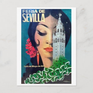 Carte Postale Séville, tour de ville et femme aux cheveux noirs,