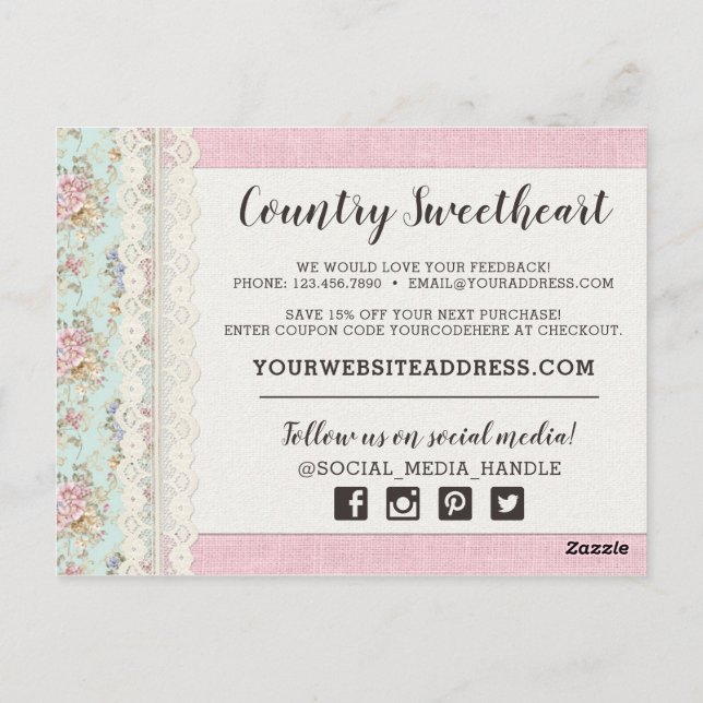 Carte Postale Shabby Chic Rose floral Boutique Merci (Dos)