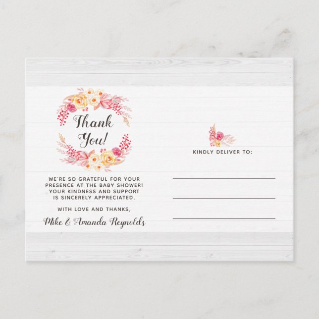 Carte Postale Shabby Chic Rustique Baby shower Floral Merci (Devant)