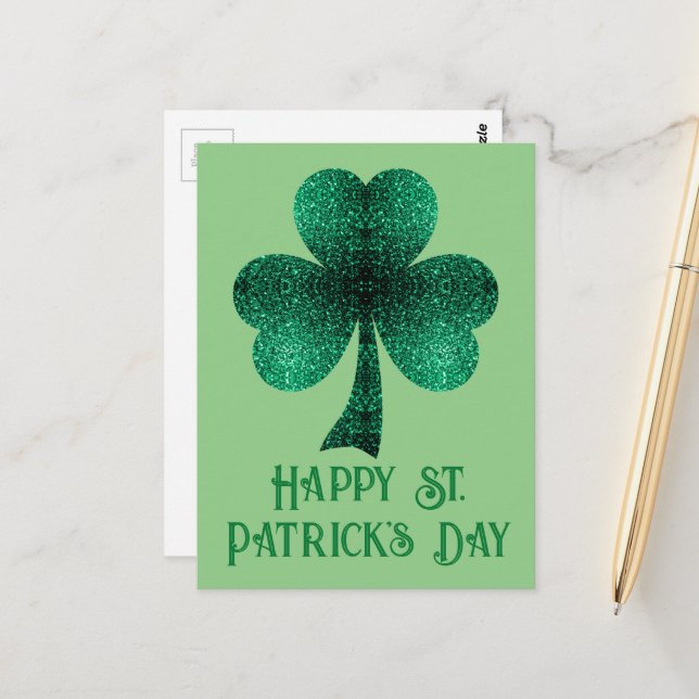 Carte Postale Shamrock étincelant St. Patrick's Day sauge vert (Devant/Arrière en situation)