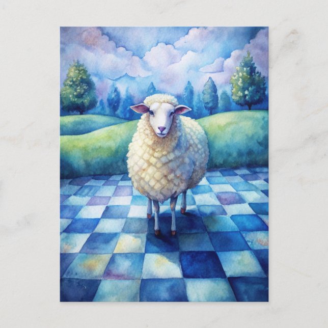 Carte Postale Sheep Blue Checkered Checking on Friend (Devant)