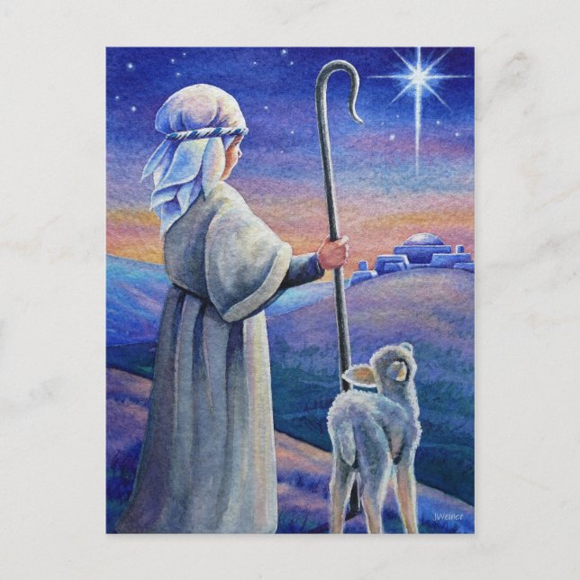 Carte Postale Shepherd agneau de garçon & étoile Noël aquarelle  (Devant)