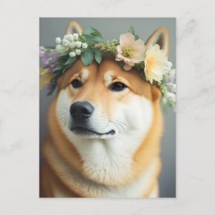 Carte Postale Shiba Inu, couronne de fleurs