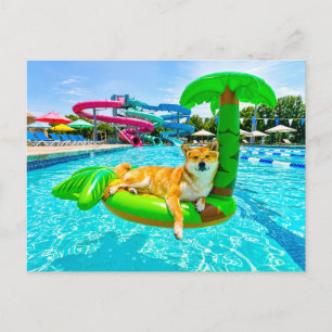 Carte Postale Shiba Inu sur un flotteur de palme