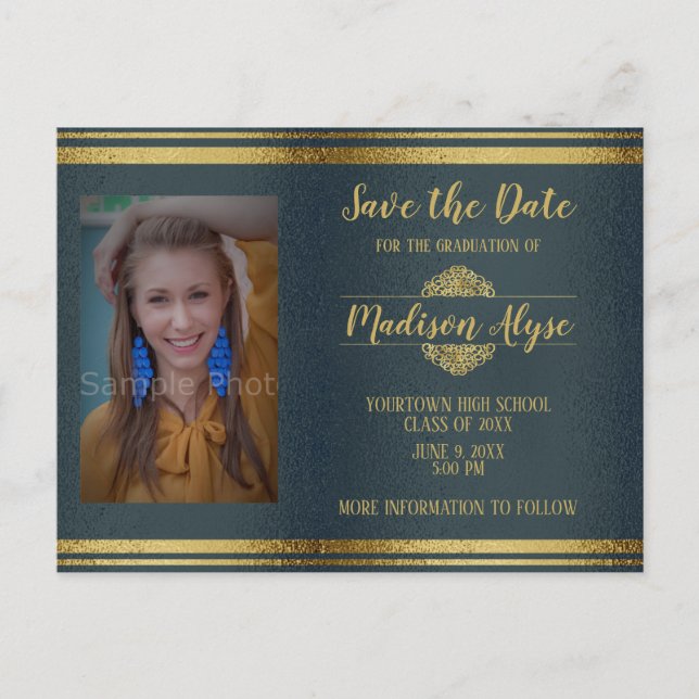 Carte Postale Shiny Navy Blue and Gold Photo Graduation (Devant)