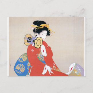 Carte Postale Shoen Uemura 上村松園 着物 女性 太鼓 楽器演奏 芸者 日本画 美人画 浮世絵 赤 青