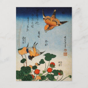 Carte Postale Shrike, Jay, Saxifrage et fraise (par Hokusai)
