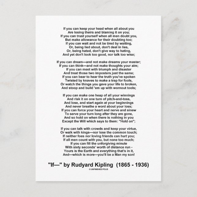 Carte Postale Si Poème De Rudyard Kipling (Poème Inspirationnel) (Devant)