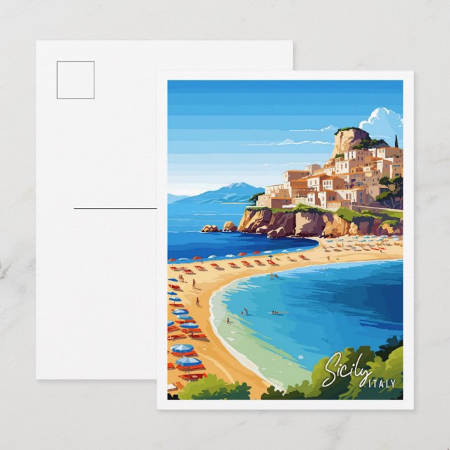 Carte Postale Sicile Italie Art vieux voyage illustration (Devant / Derrière)