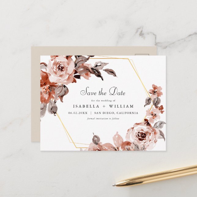 Carte Postale Sienna Floral et Gold Frame Enregistrer la date (Devant/Arrière en situation)