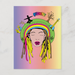 Carte Postale Signe de Paix ~ Fille Hippie des années 60 Tie Dye