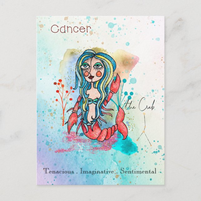 Carte Postale SIGNE Zodiaque Cancer Fille lunaire Crabe symboliq (Devant)