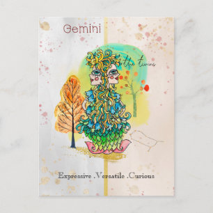 Carte Postale SIGNE Zodiaque Gemini Whimsical Twins Vert Jaune