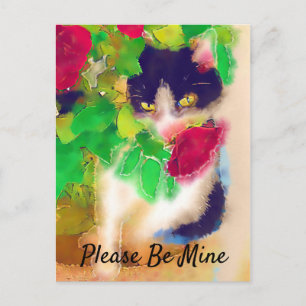 Carte Postale S'il vous plaît, soyez à moi, Chat avec Rose Rouge