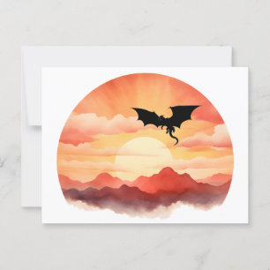 Carte Postale Silhouette de dragon contre un coucher de soleil