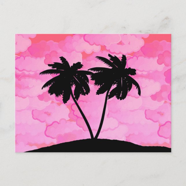 Carte Postale Silhouette de palmier sur fond rose aube avec nuag (Devant)