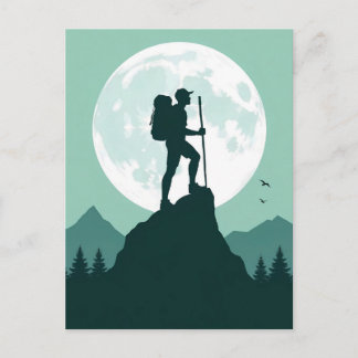 Carte Postale Silhouette Hiker on Peak with Moon and Mountains