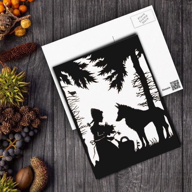 Carte Postale Silhouette Noire Rouge Hood Wolf Woods (Black Silhouette on white Little red riding hood wolf in woods on postcard.)