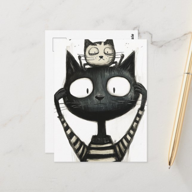 Carte Postale Silly Adorable Cats Black and White Drawing (Devant/Arrière en situation)