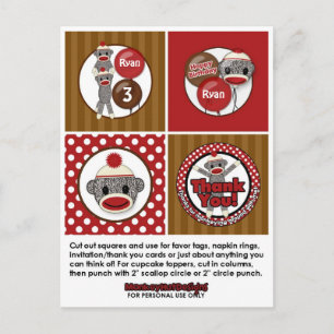 Carte Postale Silly SOCK MONKEY Birthday Cupcake Topper SMR.